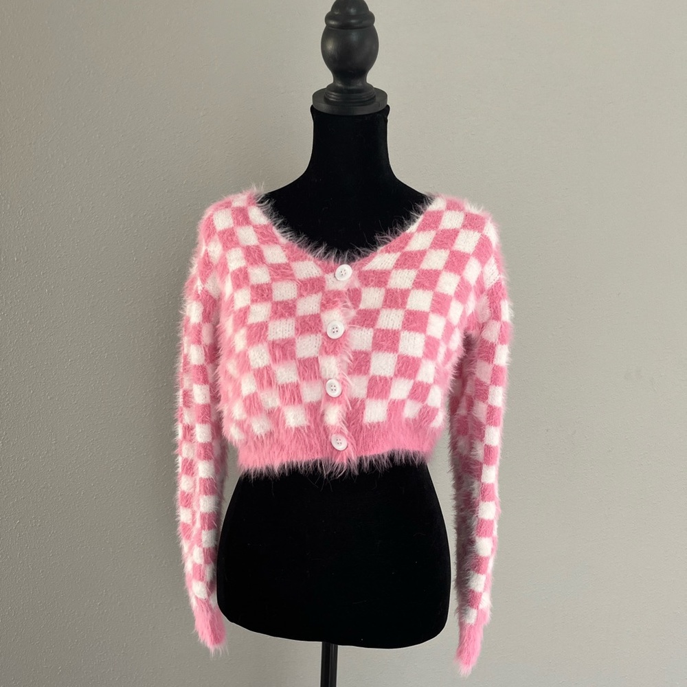 Pinch checkered cropped cardigan